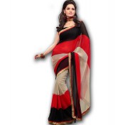 FabDeal Red & Black Georgette Abstract Printed Saree